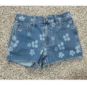Hollister High Rise Floral Denim Shorts Medium Wash Raw Hem Size 5 W27 3" Inseam